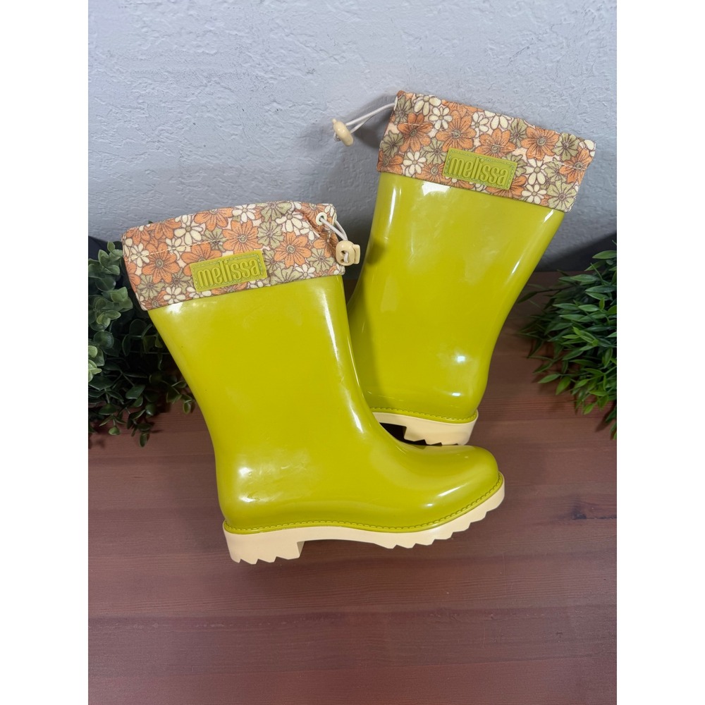 Mini Melissa Girls Rain Boot Green Yellow Floral Print Cuff Rain Boots Size 4
